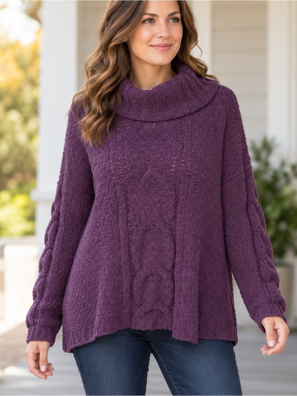 Seven7 Sweater Womens Large Purple Cowl Neck Cable Knit Loose Fit Pullover